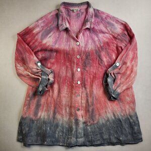 John Mark Women's Button Up Tunic Top  Size L Ombre Long Sleeve Popover Tie Dye